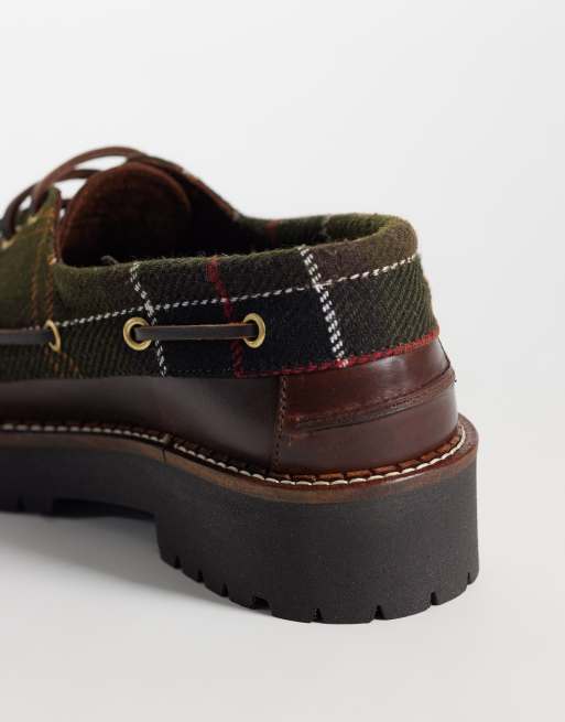 Barbour Darras leather tartan boat shoes in brown, 4 of 5