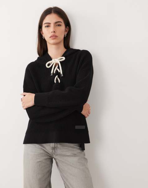 Barbour Daya chunky knit lace up hoodie in black - view 1