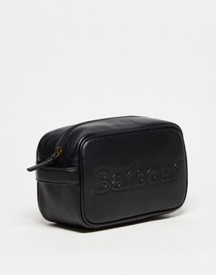 Barbour debossed logo leather wash bag in black