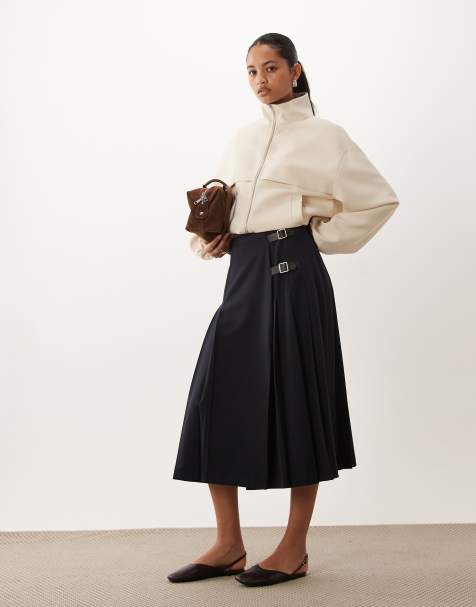 Barbour Delilah pleated buckle midi skirt in navy