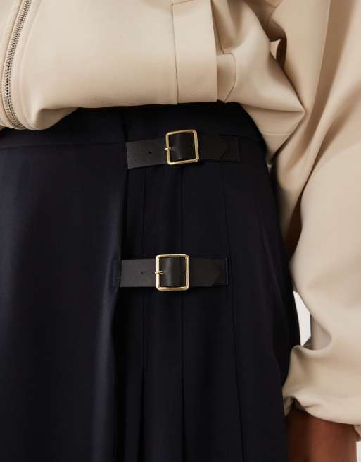 Barbour Delilah pleated buckle midi skirt in navy, 3 of 6