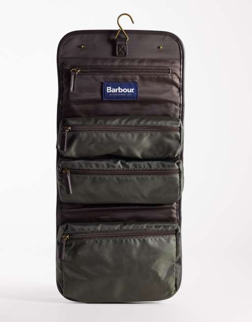 Barbour dry wax hanging logo washbag in green, 2 of 4