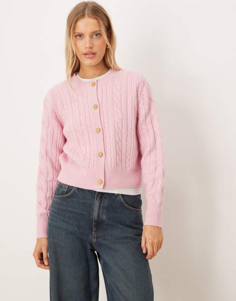 Barbour Elina cable knit cardigan with gold button detail in pink - view 1