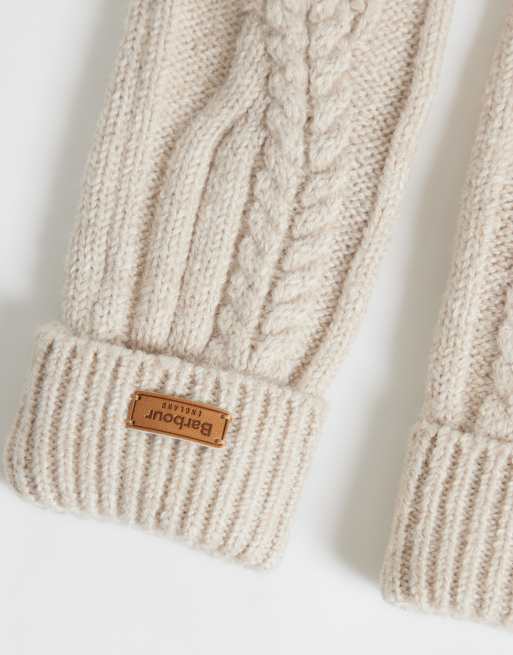 Barbour Elsdon cable knit mittens in beige, 3 of 3