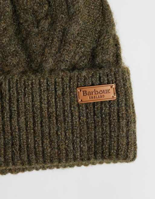 Barbour Elsdon cable knit pom pom beanie in khaki, 2 of 3