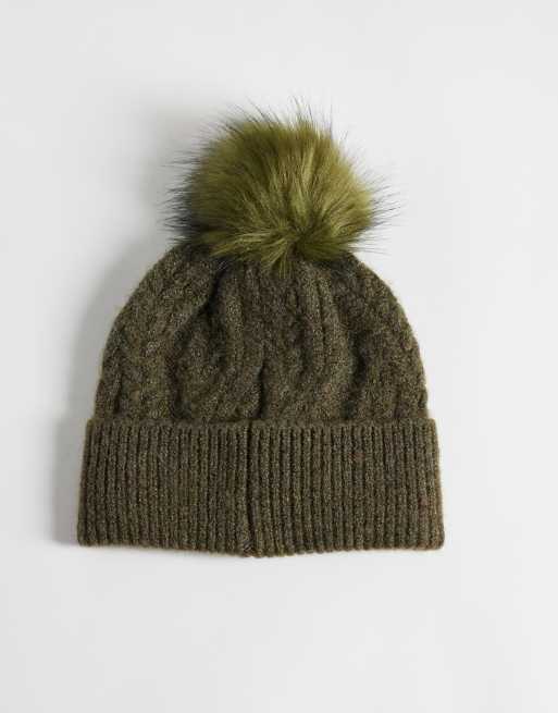 Barbour Elsdon cable knit pom pom beanie in khaki, 3 of 3