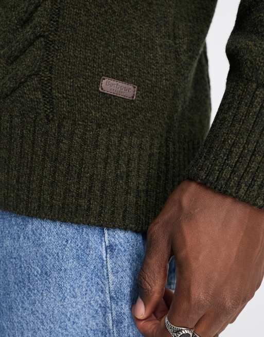 Barbour Essential cable knit crew neck jumper in dark olive ASOS