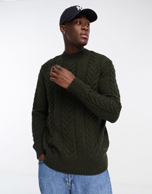 Barbour Essential cable knit crewneck jumper in dark olive - ASOS Price Checker