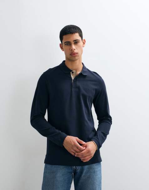 Barbour Essential long sleeve pique logo polo shirt in navy - view 1