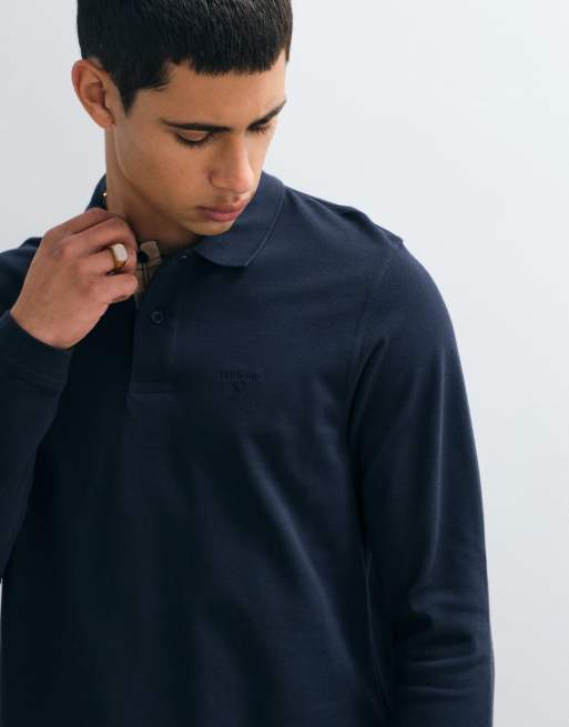 Barbour Essential long sleeve pique logo polo shirt in navy, 3 of 5