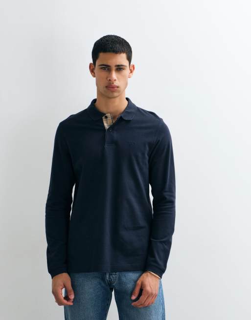 Barbour Essential long sleeve pique logo polo shirt in navy, 5 of 5