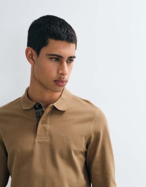 Barbour Essential long sleeve tartan pique polo shirt in light brown, 3 of 5