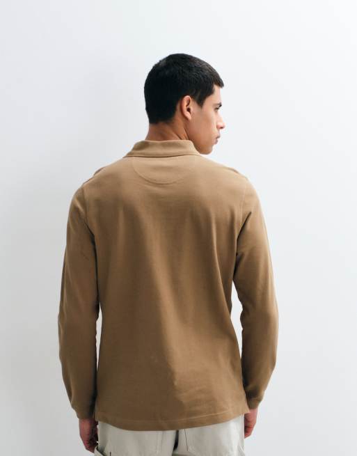 Barbour Essential long sleeve tartan pique polo shirt in light brown, 4 of 5