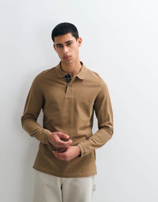 Barbour Essential long sleeve tartan pique polo shirt in light brown, 5 of 5