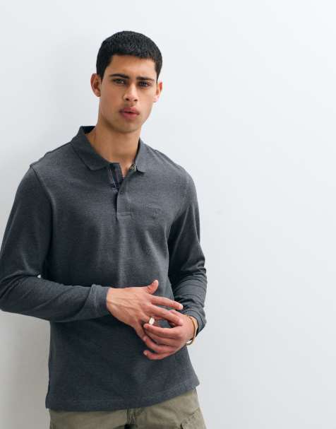 Barbour Essential long sleeve tartan pique polo shirt in navy marl - view 1