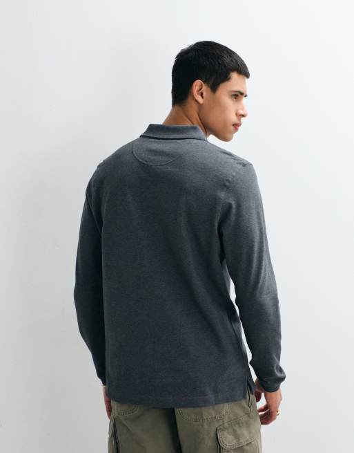 Barbour Essential long sleeve tartan pique polo shirt in navy marl, 3 of 5