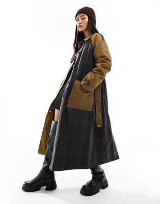 Barbour Everley wax trench coat with tartan panels in sand