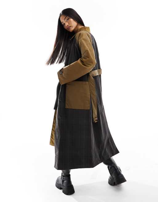 Barbour Everley wax trench coat with tartan panels in sand | ASOS