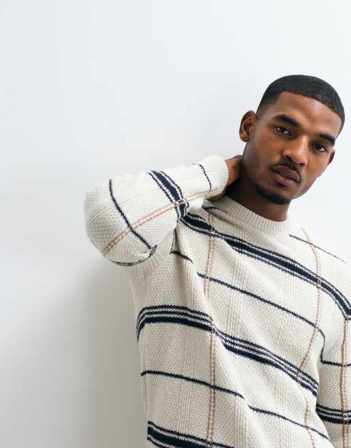 Barbour Fasey tartan check cable knit jumper in white, 2 of 5