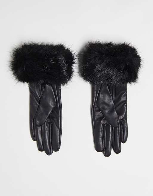 Barbour faux fur trimmed leather gloves in black ASOS