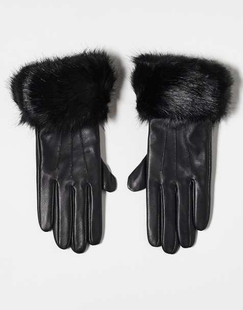Barbour faux fur trimmed leather gloves in black - view 1