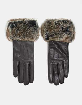 Barbour faux fur trimmed leather gloves in dark brown