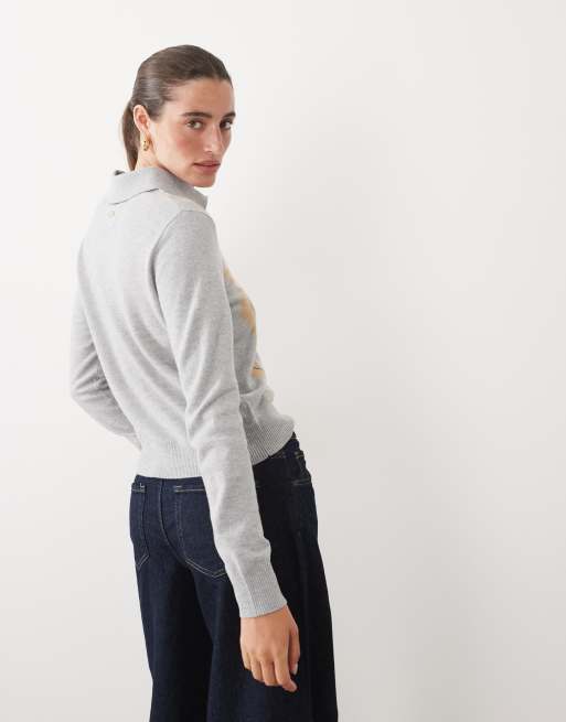 Barbour Fawne argyle knitted polo jumper in grey, 3 of 4