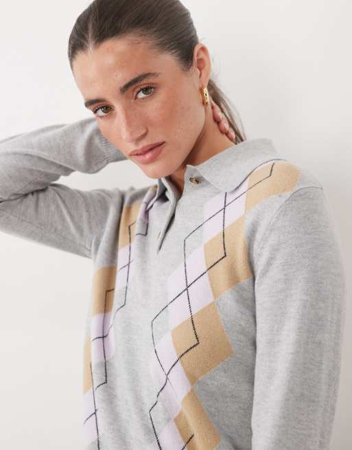 Barbour Fawne argyle knitted polo jumper in grey, 4 of 4
