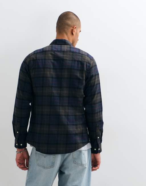 Barbour Fortrose long sleeve tailored tartan check shirt in navy/green, 4 of 5