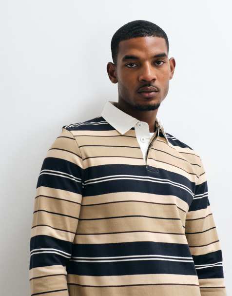 Barbour Frith long sleeve tartan stripe rugby polo shirt in beige/navy