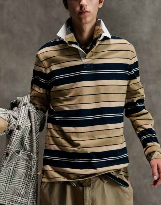 Barbour Frith long sleeve tartan stripe rugby polo shirt in beige/navy, 2 of 6