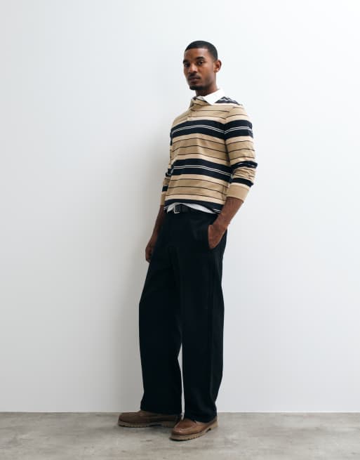 Barbour Frith long sleeve tartan stripe rugby polo shirt in beige/navy, 3 of 6