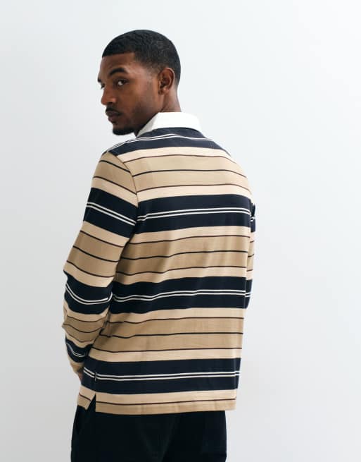 Barbour Frith long sleeve tartan stripe rugby polo shirt in beige/navy, 5 of 6