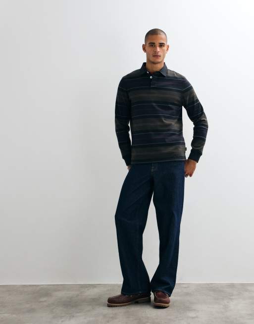Barbour Frith long sleeve tartan stripe rugby polo shirt in navy/green, 2 of 5