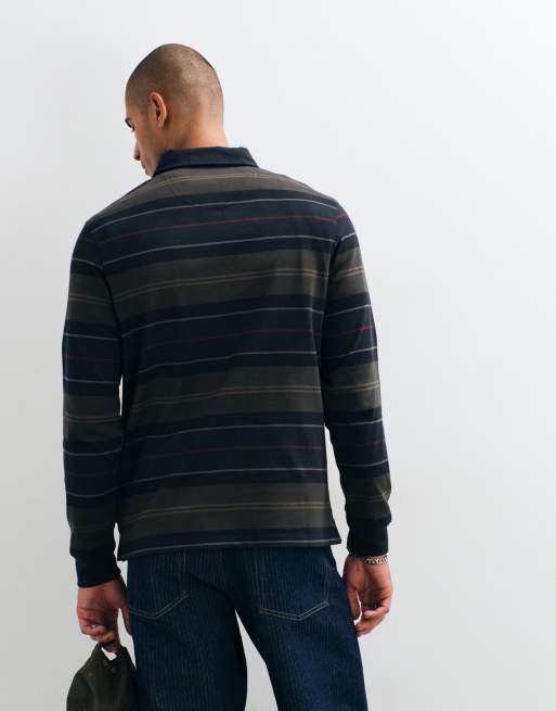 Barbour Frith long sleeve tartan stripe rugby polo shirt in navy/green, 3 of 5