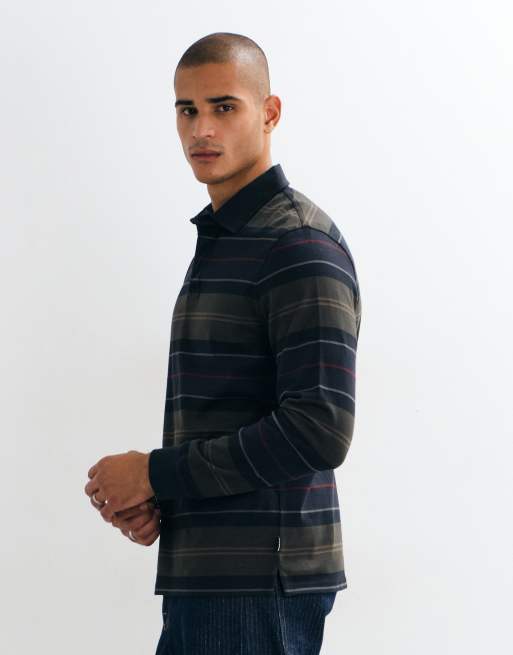 Barbour Frith long sleeve tartan stripe rugby polo shirt in navy/green, 5 of 5