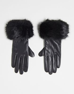 Barbour fur trimmed leather gloves in black