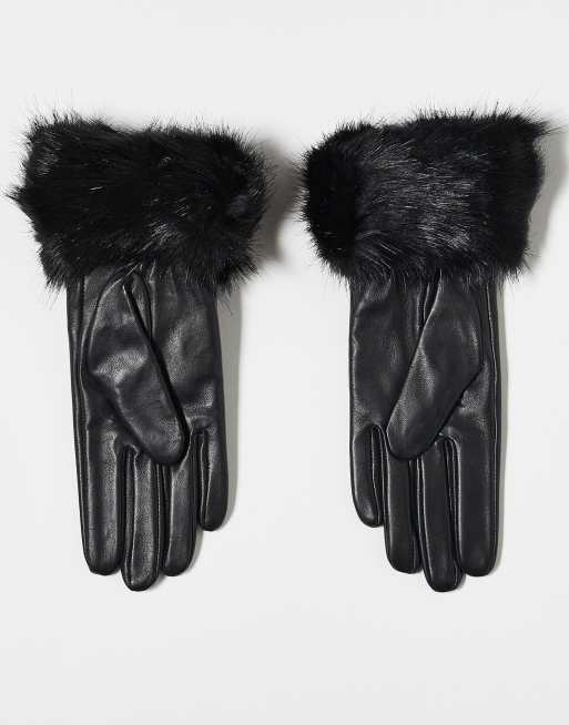 Barbour fur trimmed leather gloves in black, 3 of 3