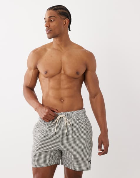 Barbour gingham seersucker logo swim shorts in olive green - view 1