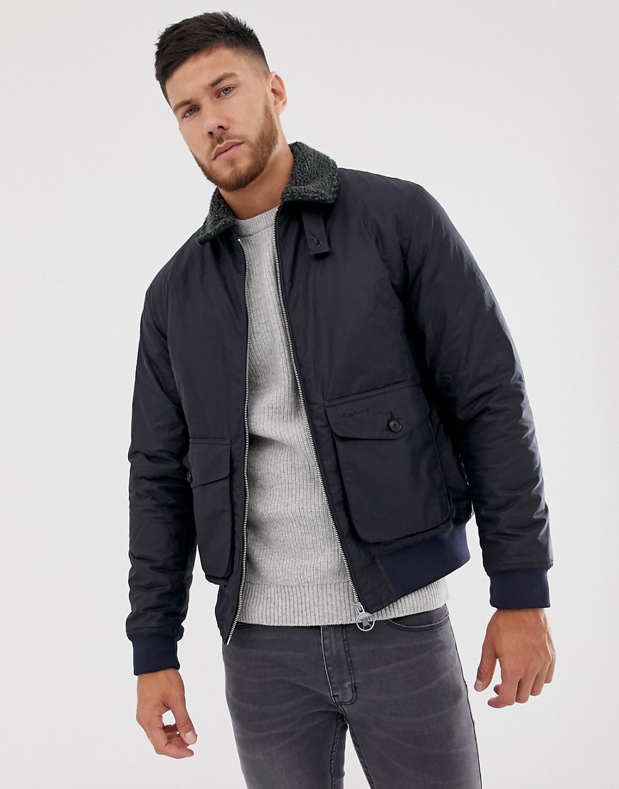 Barbour Goosall wax jacket with borg collar in navy