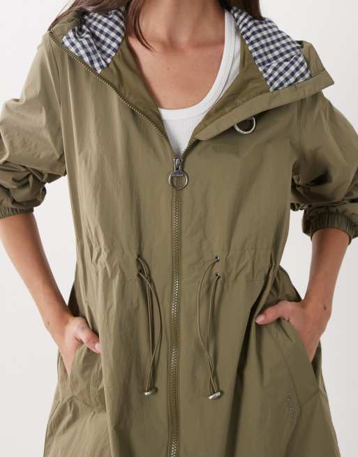 Barbour Gracefield showerproof gathered waist gingham lined jacket in khaki , 3 of 4