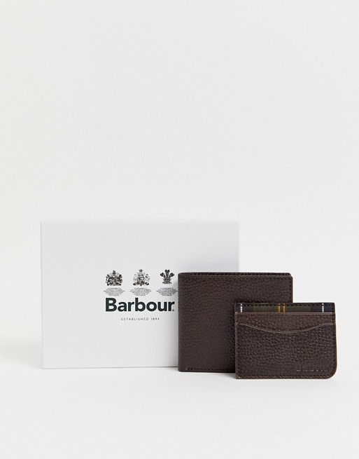 Barbour grain leather wallet and card holder gift set in brown