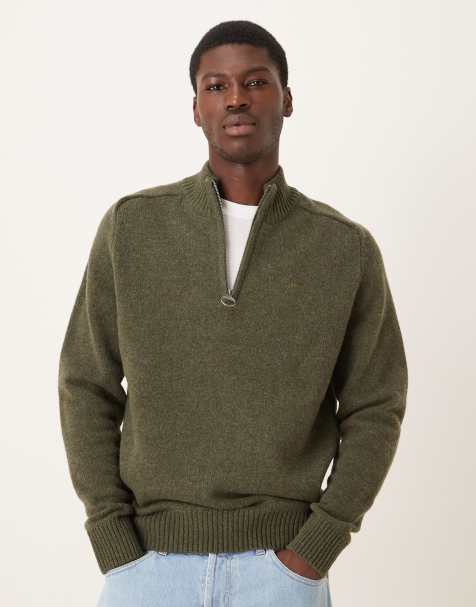 Barbour Grangetown half zip knitted jumper in mid olive green - MGREEN - view 1