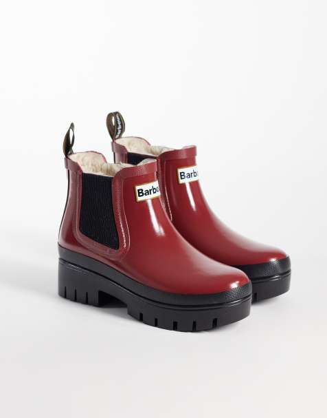 Barbour Halton faux fur patent welly boots in burgundy - view 1