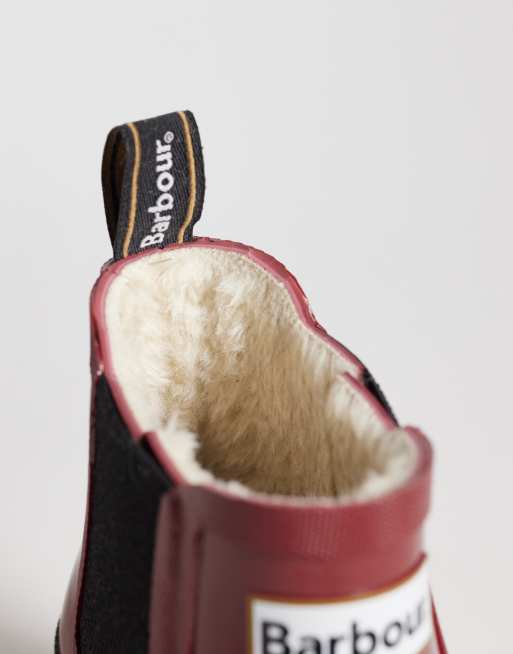 Barbour Halton faux fur patent welly boots in burgundy, 3 of 4