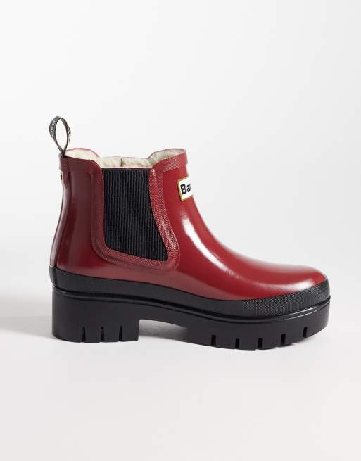 Barbour Halton faux fur patent welly boots in burgundy, 4 of 4