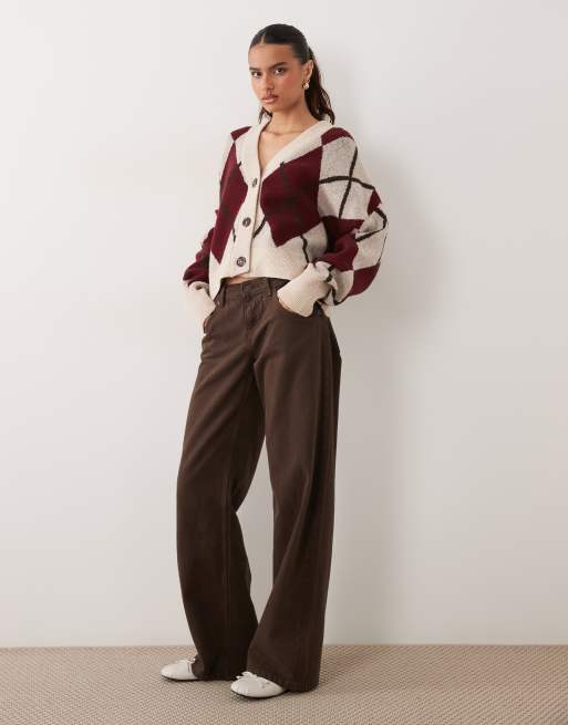 Barbour Harleigh argyle knitted cardigan in burgundy/ecru, 2 of 4