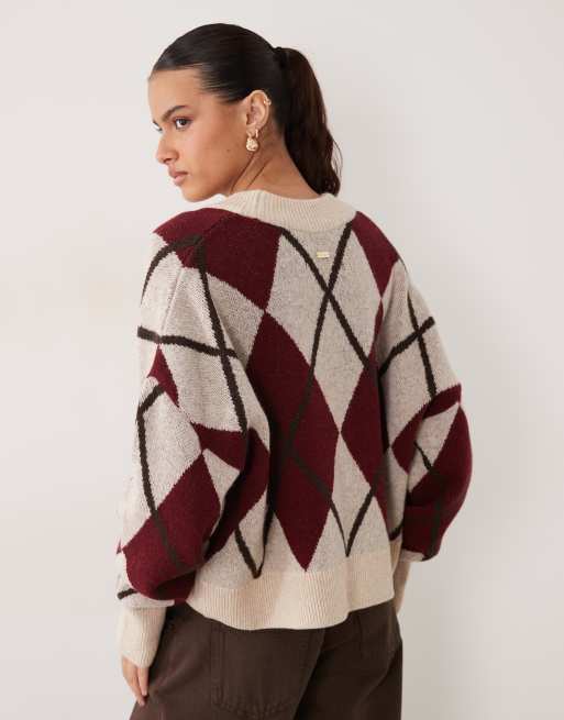 Barbour Harleigh argyle knitted cardigan in burgundy/ecru, 3 of 4