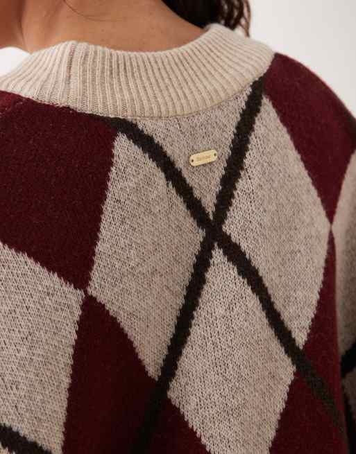 Barbour Harleigh argyle knitted cardigan in burgundy/ecru, 4 of 4