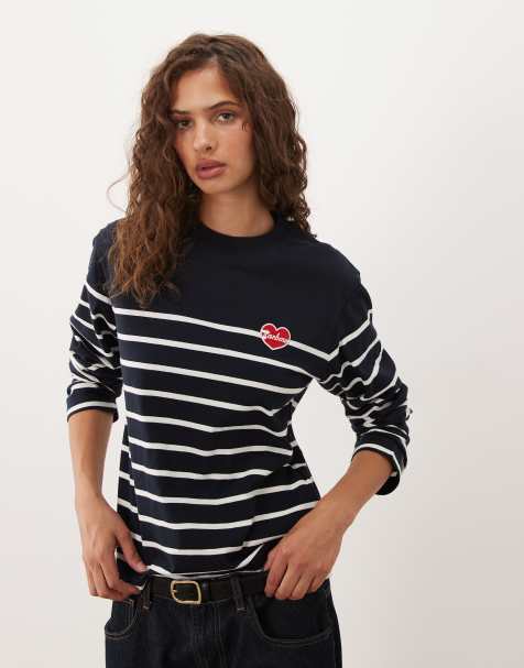 Barbour Harling long sleeve heart logo striped top in navy - view 1